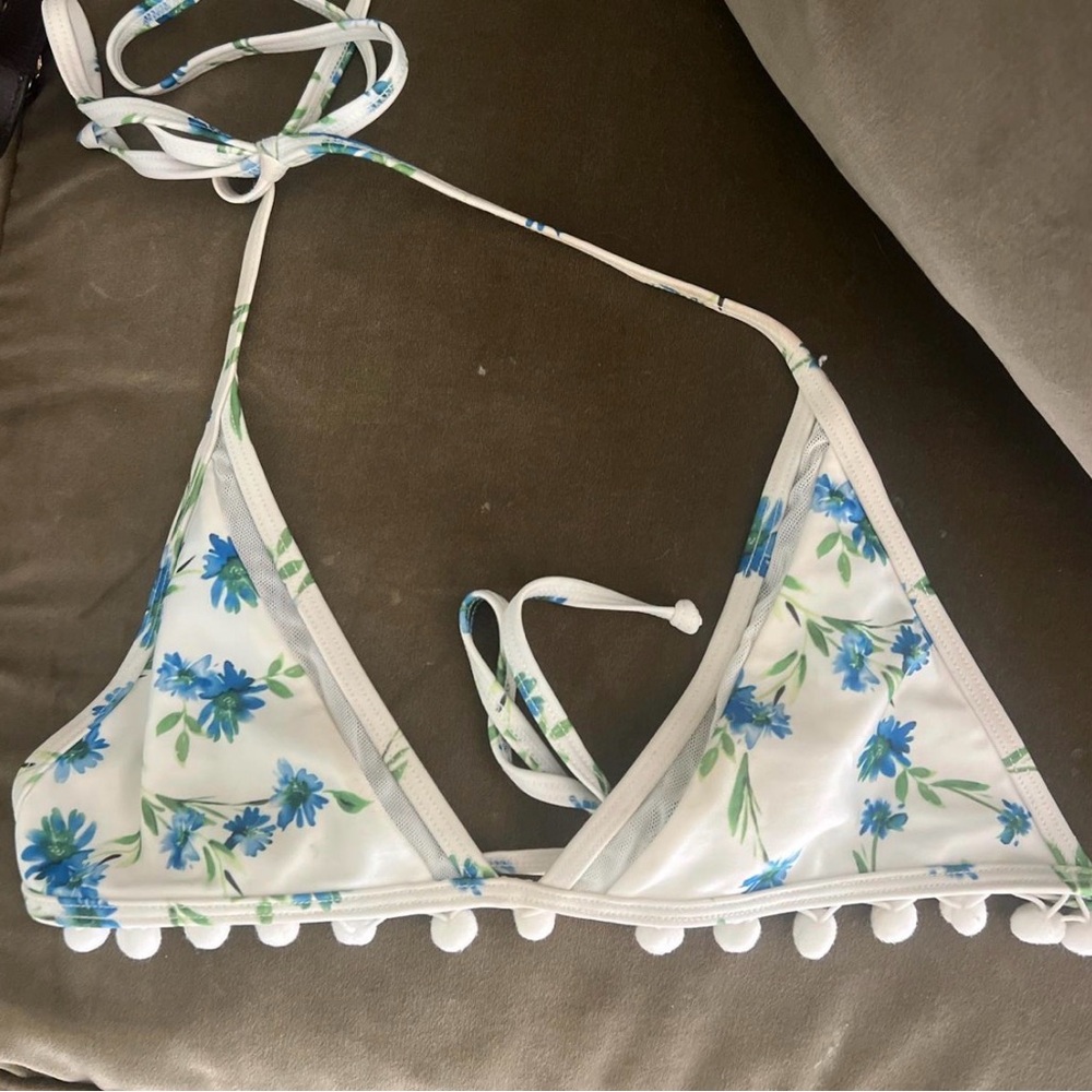 Floral Triangle Bikini Top with Pom Pom Trim